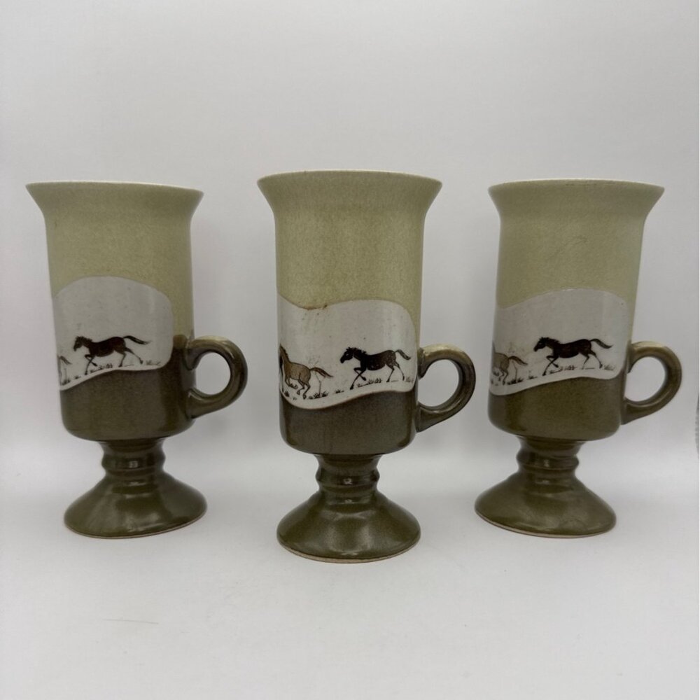 Vtg Otagiri Stoneware Irish Coffee 3 Mugs Pedestal Running Horses Japan 5.5 in T - Picture 3 of 9